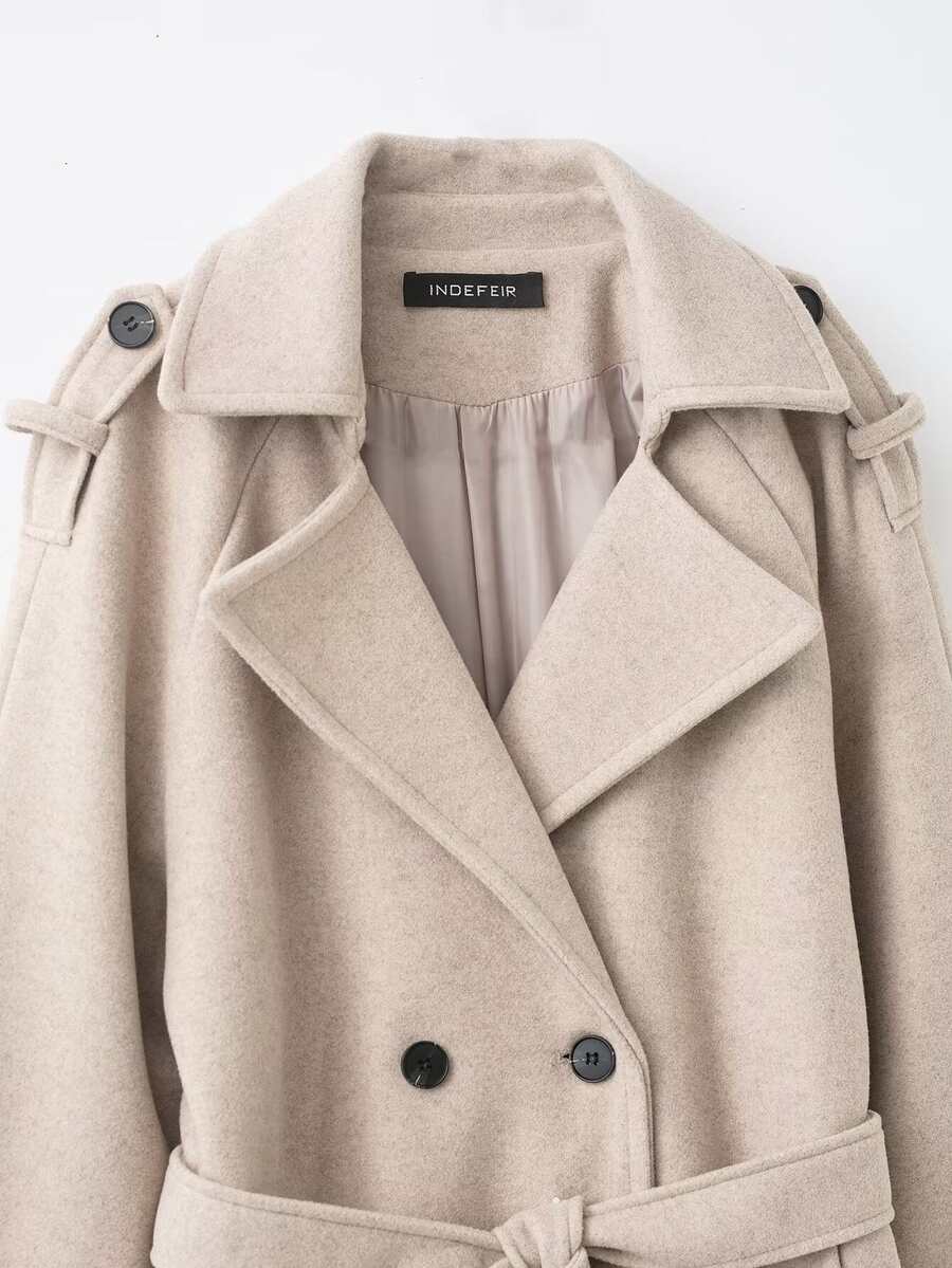 Laurel Double Breasted Belted Long Coat with Peak Lapels - Oatmeal