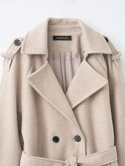 Laurel Double Breasted Belted Long Coat with Peak Lapels - Oatmeal