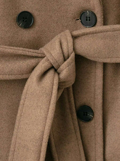 Laurel Double Breasted Belted Long Coat with Peak Lapels - Camel