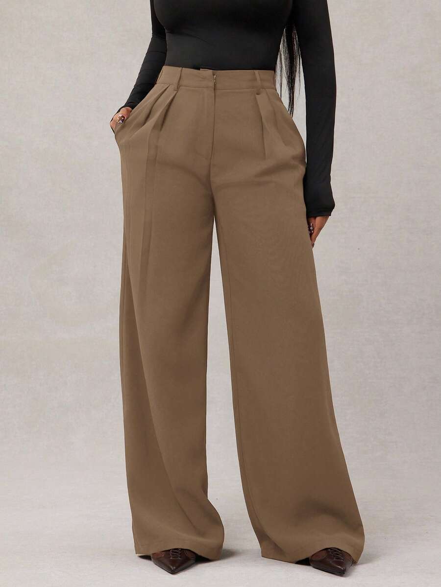 Theodora High Waist Pleated Oversized Wide Leg Suit Trousers - Camel
