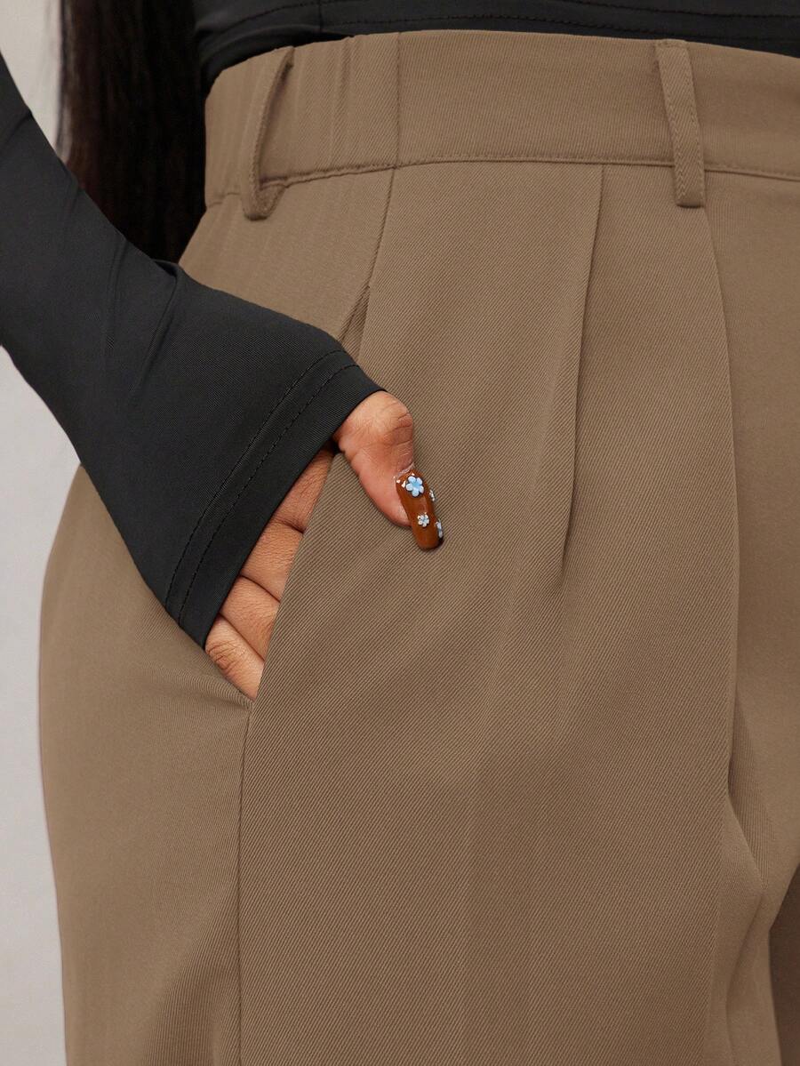 Theodora High Waist Pleated Oversized Wide Leg Suit Trousers - Camel