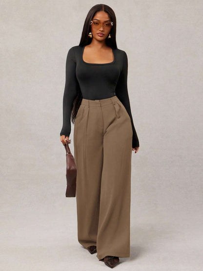 Theodora High Waist Pleated Oversized Wide Leg Suit Trousers - Camel