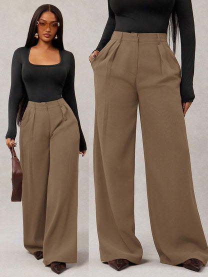 Theodora High Waist Pleated Oversized Wide Leg Suit Trousers - Camel