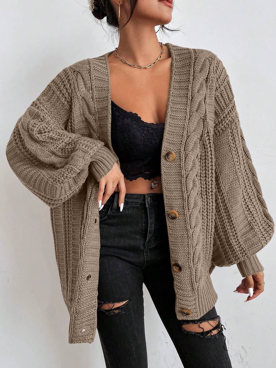 Adelaide Cable Knit Bishop Sleeve Cardigan - Brown