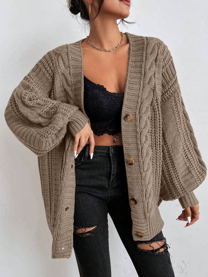 Adelaide Cable Knit Bishop Sleeve Cardigan - Brown