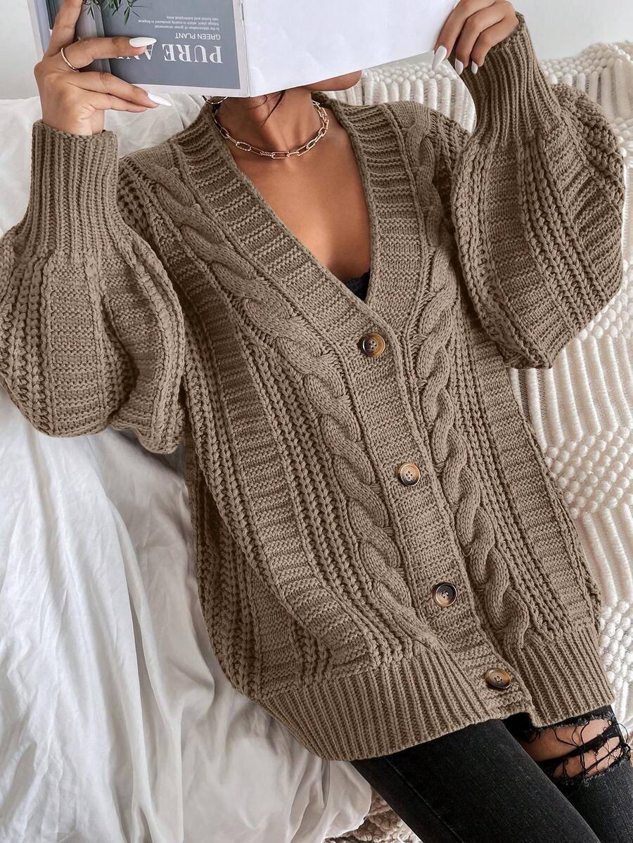 Adelaide Cable Knit Bishop Sleeve Cardigan - Grey