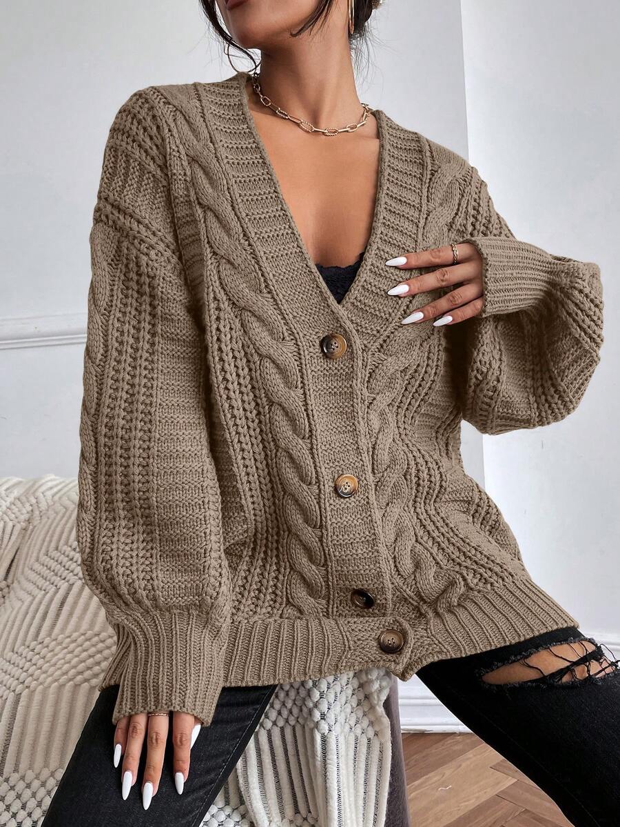 Adelaide Cable Knit Bishop Sleeve Cardigan - Dark Grey