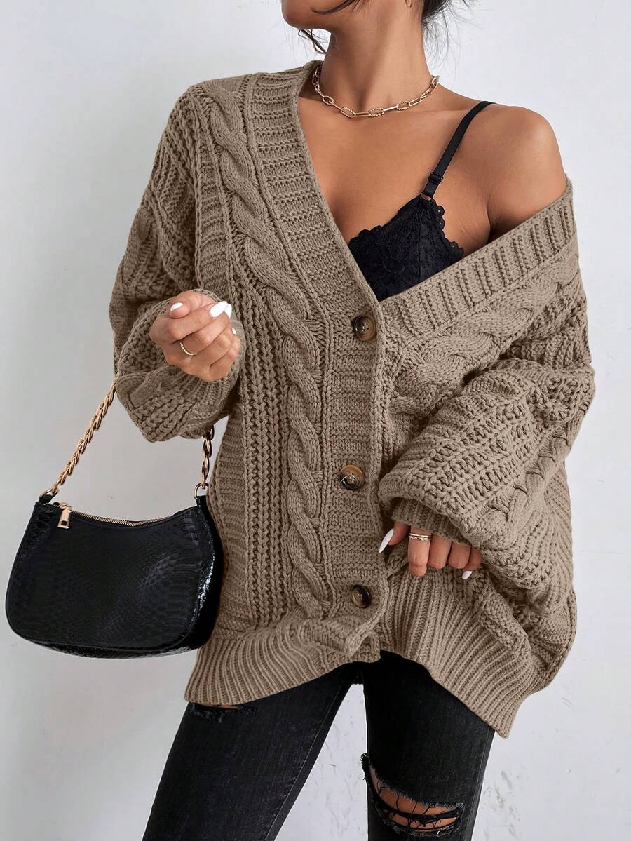 Adelaide Cable Knit Bishop Sleeve Cardigan - Coffee Brown