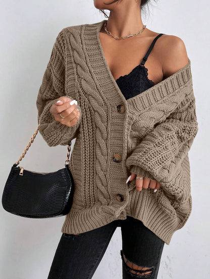 Adelaide Cable Knit Bishop Sleeve Cardigan - Coffee Brown