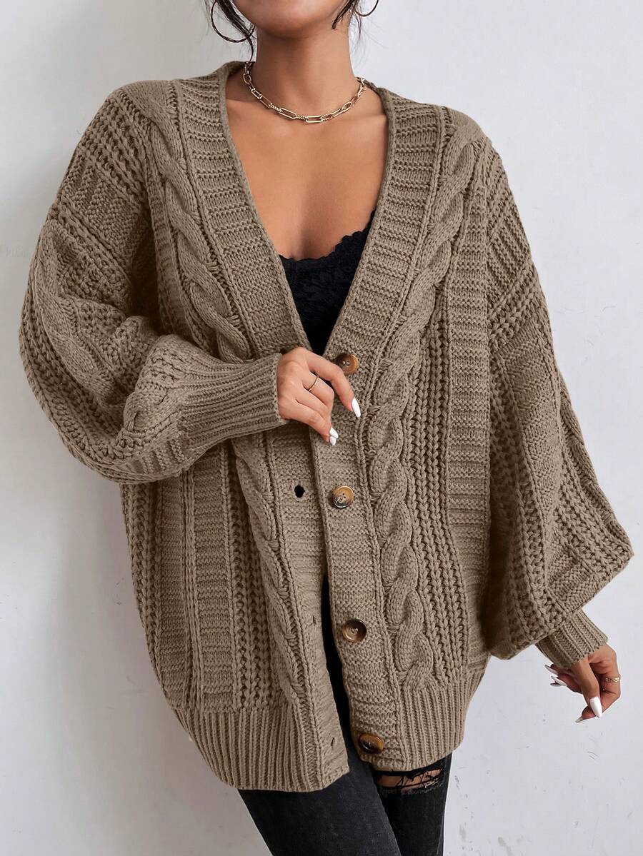 Adelaide Cable Knit Bishop Sleeve Cardigan - Olive Green