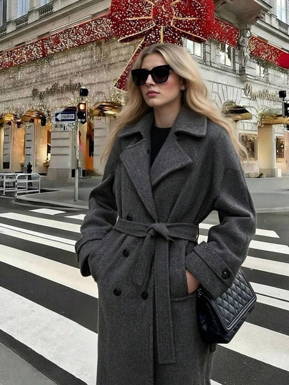 Laurel Double Breasted Belted Long Coat with Peak Lapels - Charcoal Grey