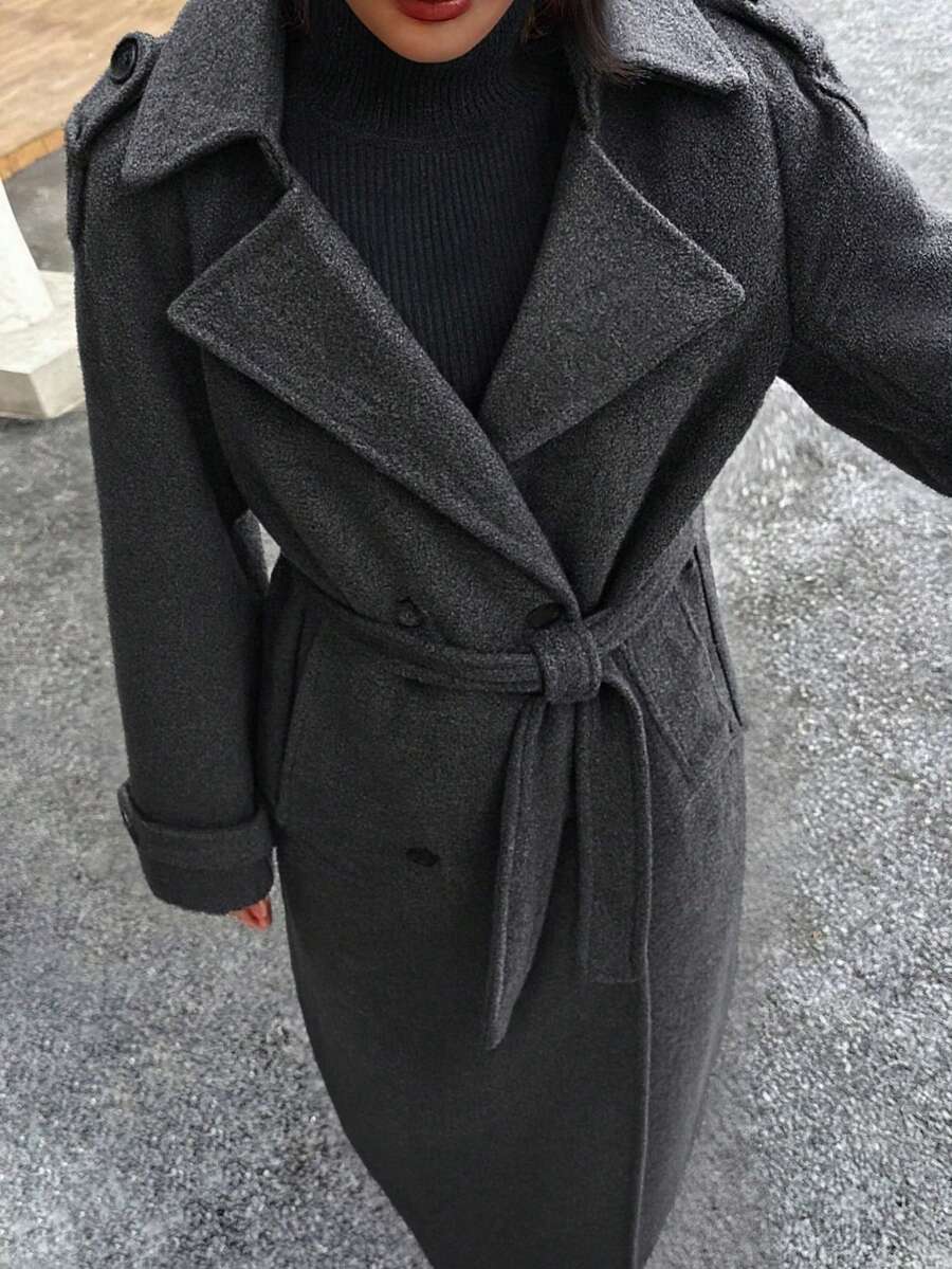 Laurel Double Breasted Belted Long Coat with Peak Lapels - Charcoal Grey