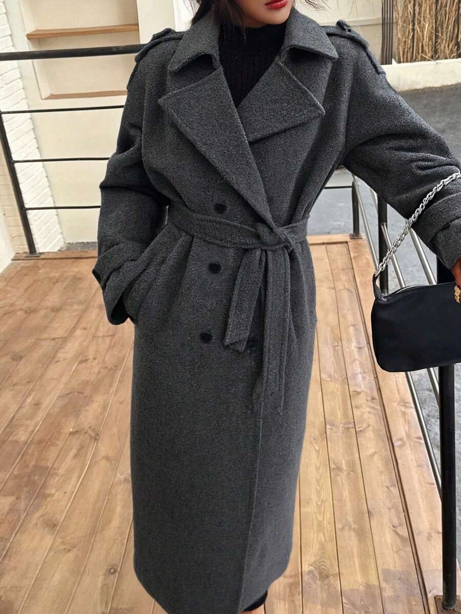 Laurel Double Breasted Belted Long Coat with Peak Lapels - Charcoal Grey