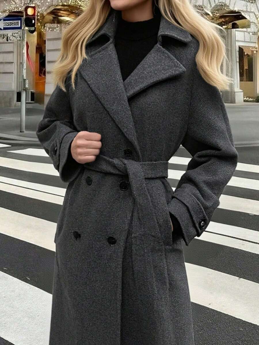 Laurel Double Breasted Belted Long Coat with Peak Lapels - Charcoal Grey