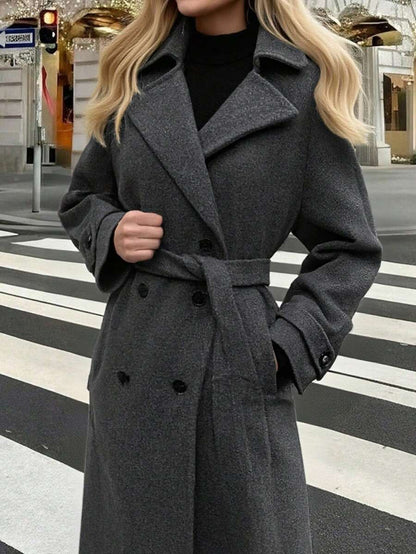 Laurel Double Breasted Belted Long Coat with Peak Lapels - Charcoal Grey
