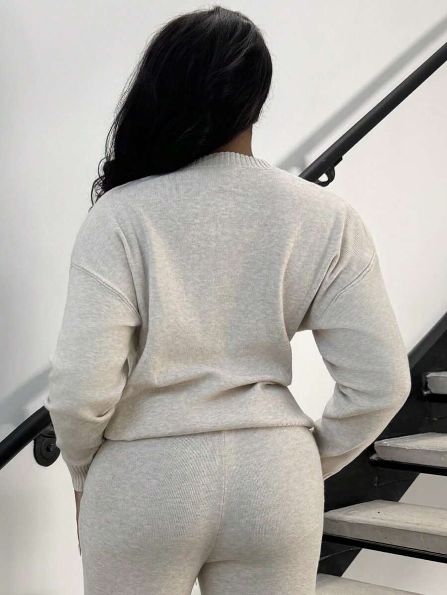Celestine Crew Neck Dolman Sleeve Sweater and Wide Leg Knit Pants Set - Oatmeal