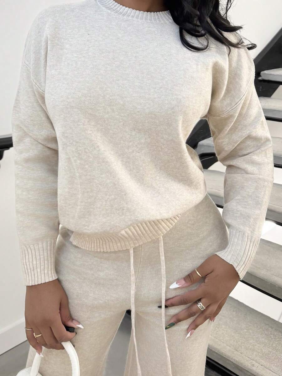 Celestine Crew Neck Dolman Sleeve Sweater and Wide Leg Knit Pants Set - Oatmeal