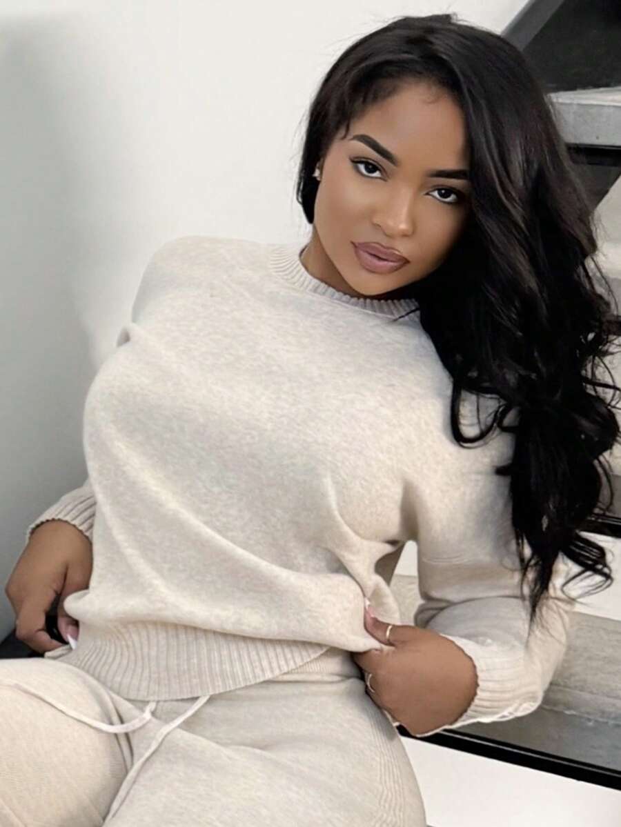 Celestine Crew Neck Dolman Sleeve Sweater and Wide Leg Knit Pants Set - Oatmeal
