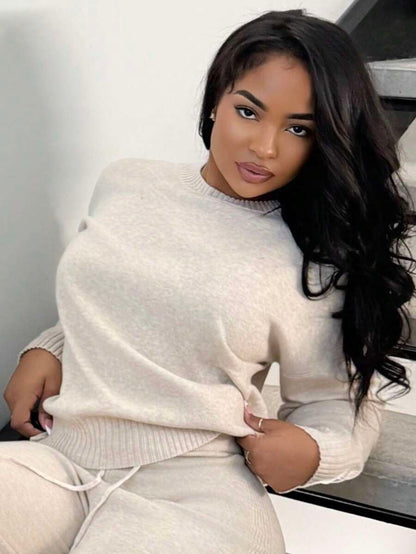 Celestine Crew Neck Dolman Sleeve Sweater and Wide Leg Knit Pants Set - Oatmeal