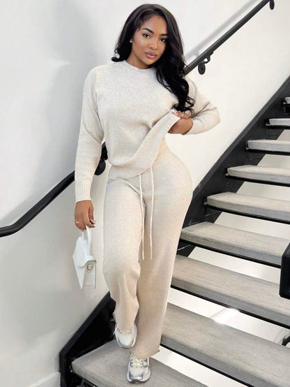 Celestine Crew Neck Dolman Sleeve Sweater and Wide Leg Knit Pants Set - Oatmeal