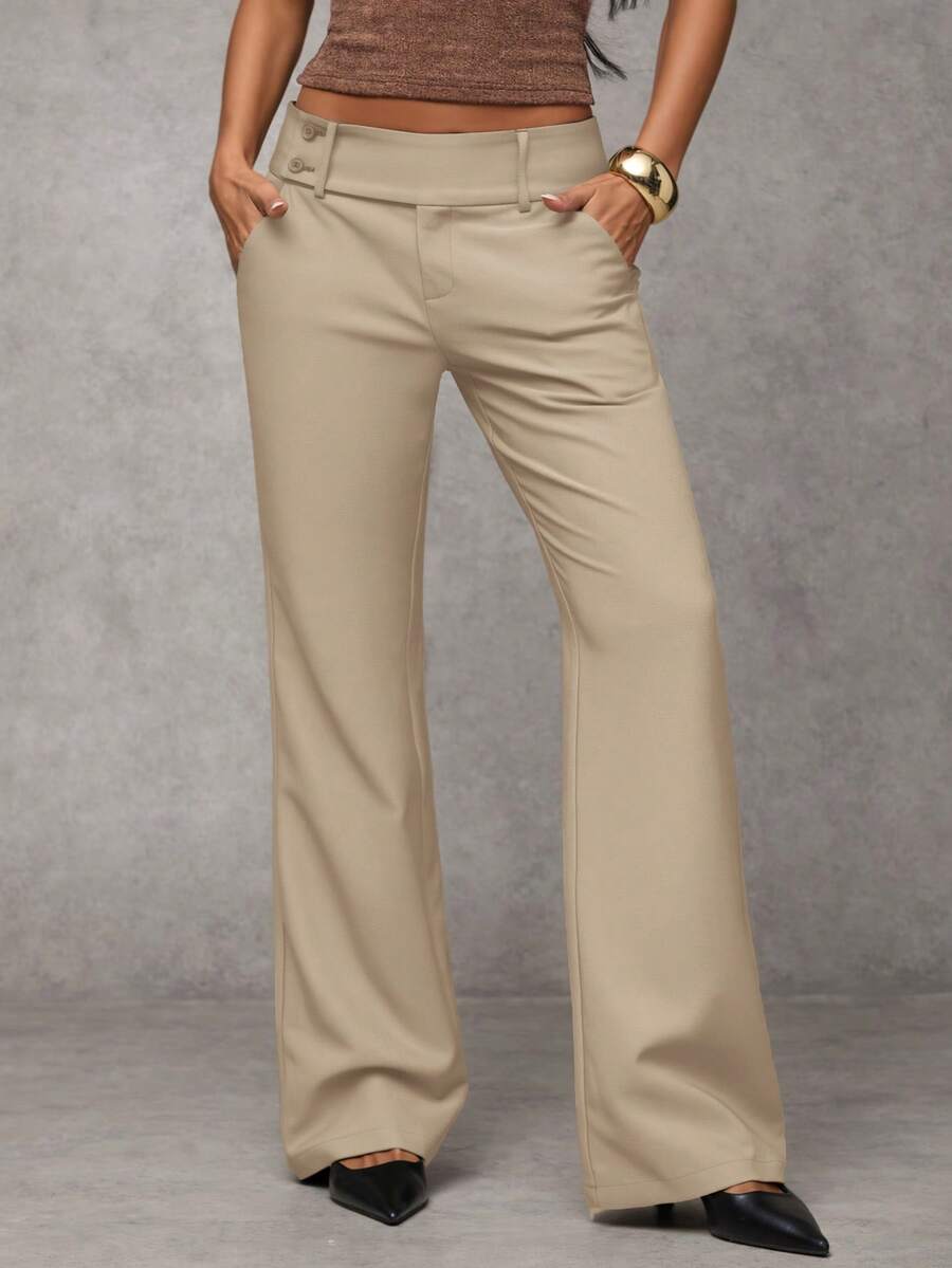 Antonia Low Rise Flare Leg Tailored Trousers with Pockets - Khaki