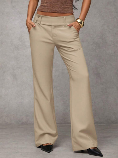 Antonia Low Rise Flare Leg Tailored Trousers with Pockets - Khaki