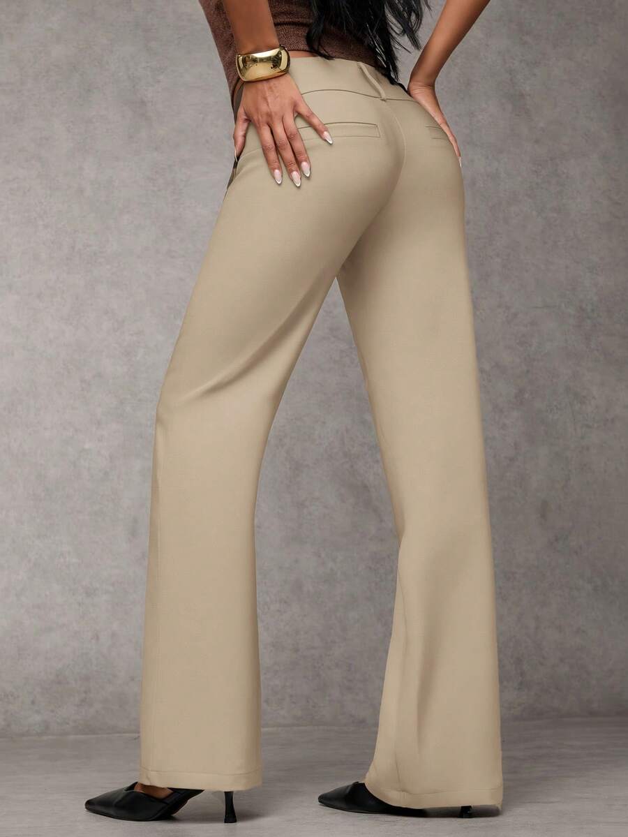 Antonia Low Rise Flare Leg Tailored Trousers with Pockets - Khaki
