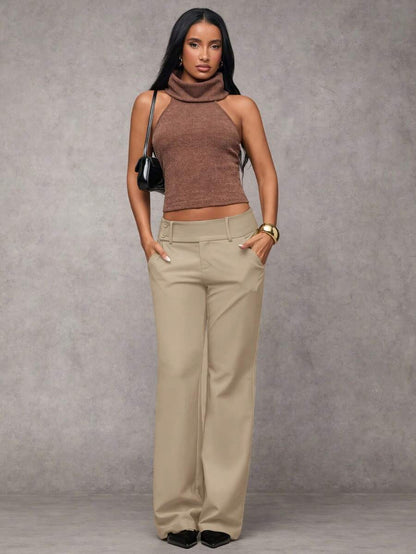 Antonia Low Rise Flare Leg Tailored Trousers with Pockets - Khaki