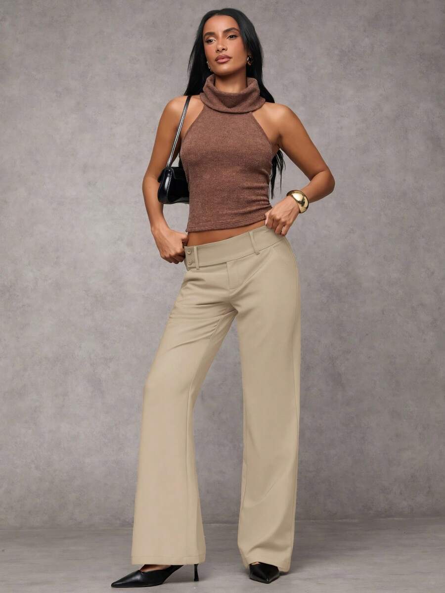 Antonia Low Rise Flare Leg Tailored Trousers with Pockets - Khaki