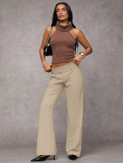 Antonia Low Rise Flare Leg Tailored Trousers with Pockets - Khaki