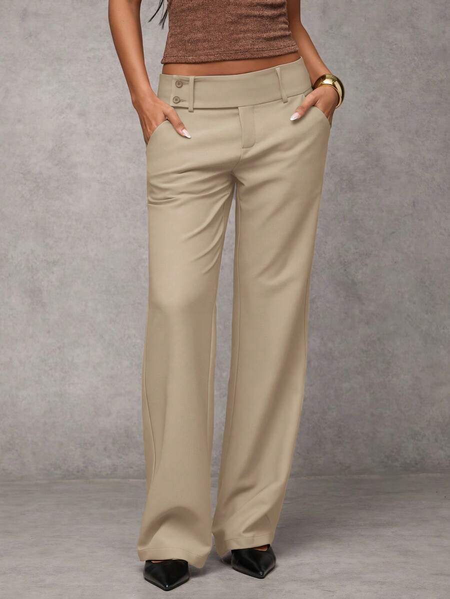 Antonia Low Rise Flare Leg Tailored Trousers with Pockets - Khaki