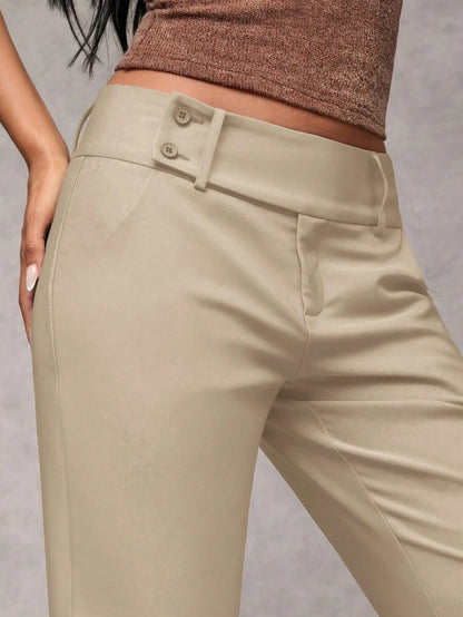 Antonia Low Rise Flare Leg Tailored Trousers with Pockets - Khaki