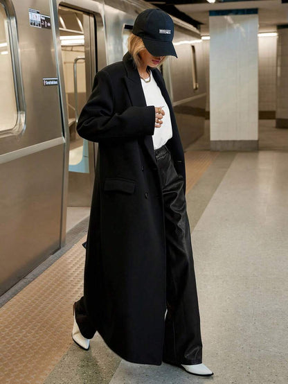 Delfina Double Breasted Herringbone Long Coat with Lapels - Black