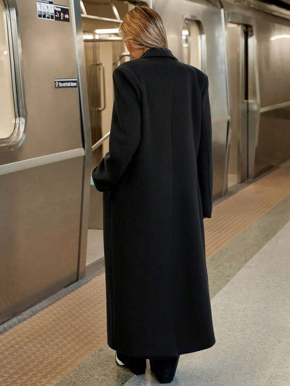 Delfina Double Breasted Herringbone Long Coat with Lapels - Black