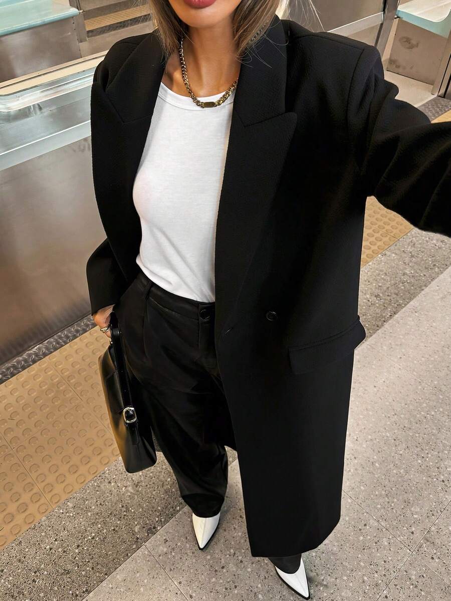 Delfina Double Breasted Herringbone Long Coat with Lapels - Black