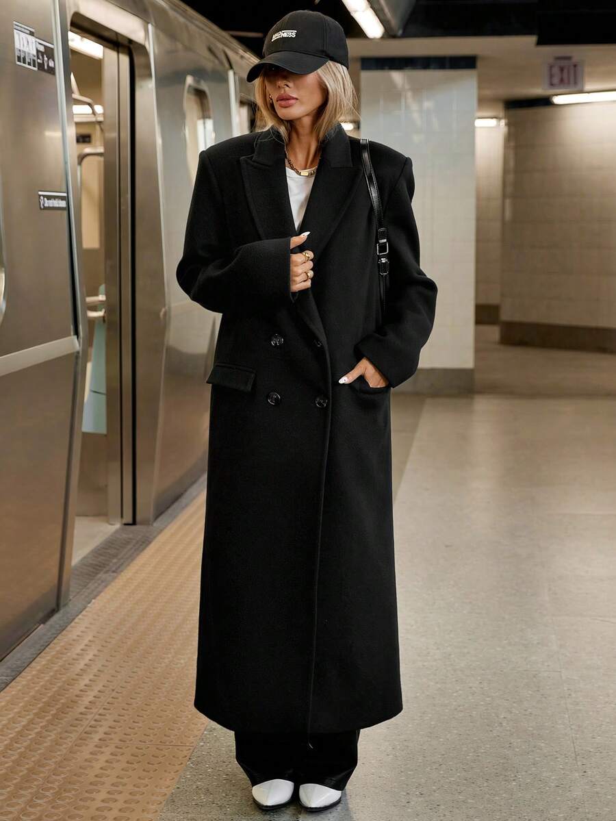 Delfina Double Breasted Herringbone Long Coat with Lapels - Black