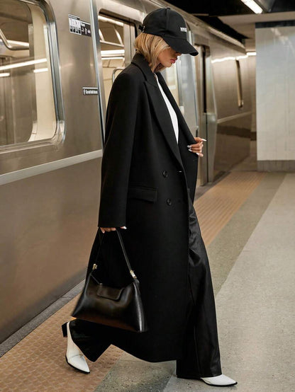 Delfina Double Breasted Herringbone Long Coat with Lapels - Black