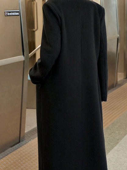 Delfina Double Breasted Herringbone Long Coat with Lapels - Black