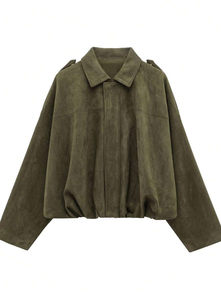 Sabrina Faux Suede Oversized Cropped Collared Jacket - Olive Green