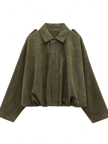 Sabrina Faux Suede Oversized Cropped Collared Jacket - Olive Green