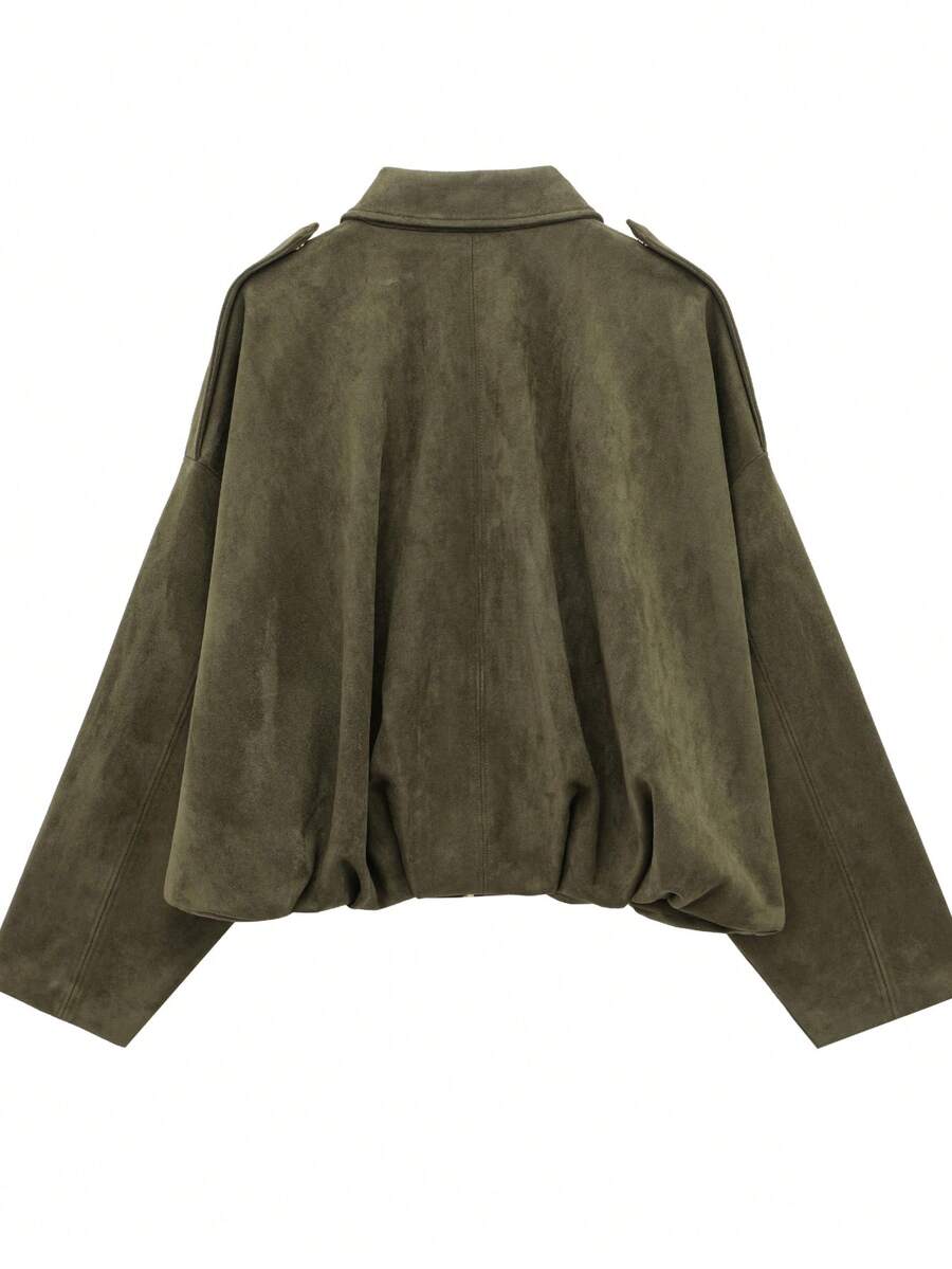 Sabrina Faux Suede Oversized Cropped Collared Jacket - Olive Green