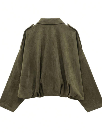 Sabrina Faux Suede Oversized Cropped Collared Jacket - Olive Green