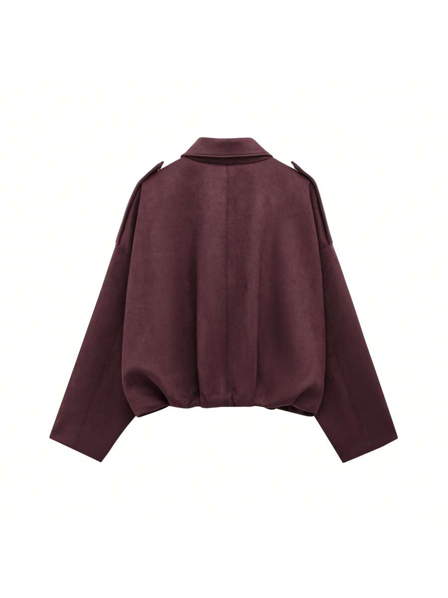Sabrina Faux Suede Oversized Cropped Collared Jacket - Burgundy