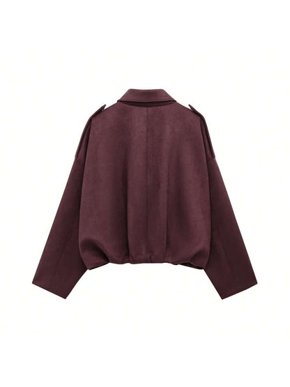 Sabrina Faux Suede Oversized Cropped Collared Jacket - Burgundy