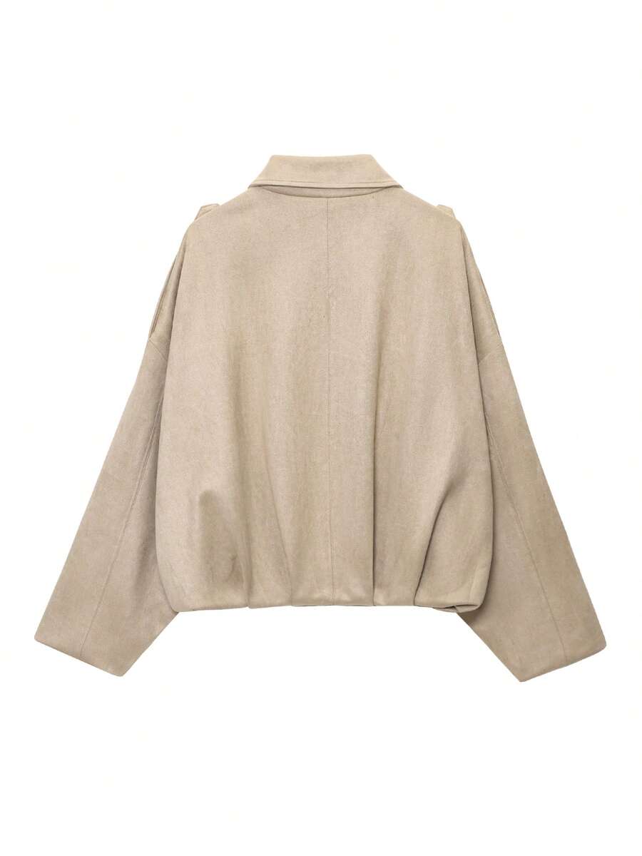 Sabrina Faux Suede Oversized Cropped Collared Jacket - Beige