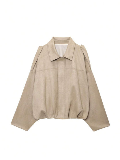 Sabrina Faux Suede Oversized Cropped Collared Jacket - Beige