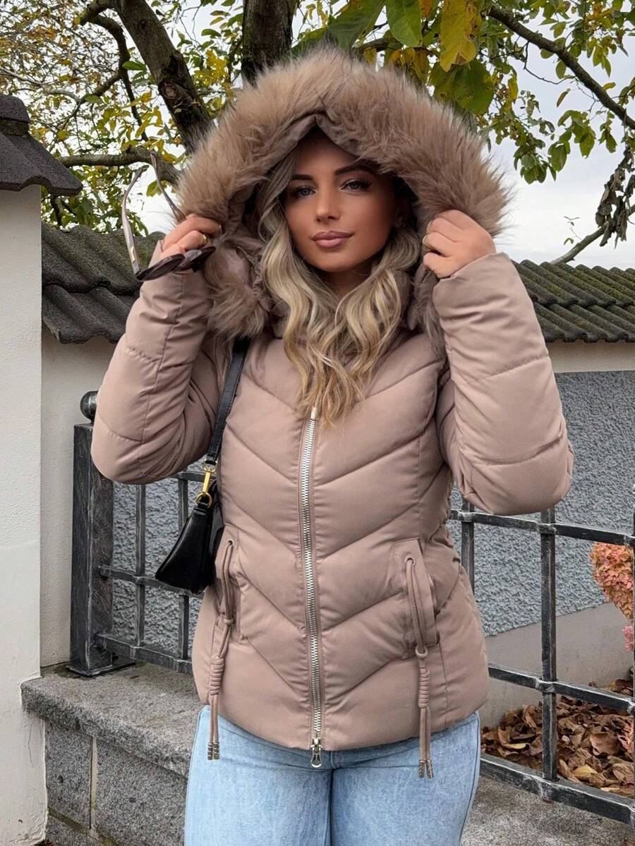 Briar Fuzzy Panel Hooded Puffer Coat with Zip Front - Taupe