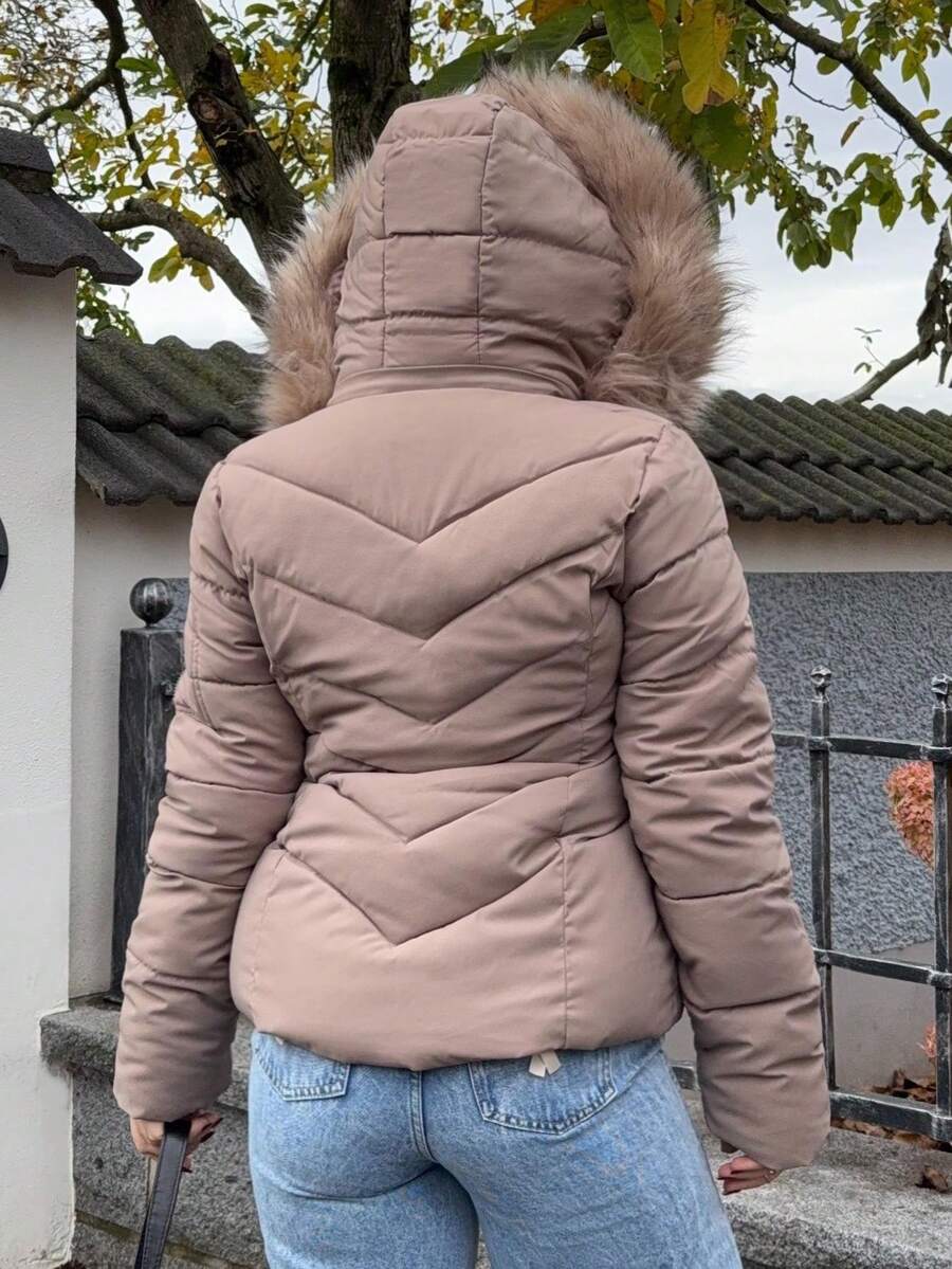 Briar Fuzzy Panel Hooded Puffer Coat with Zip Front - Taupe