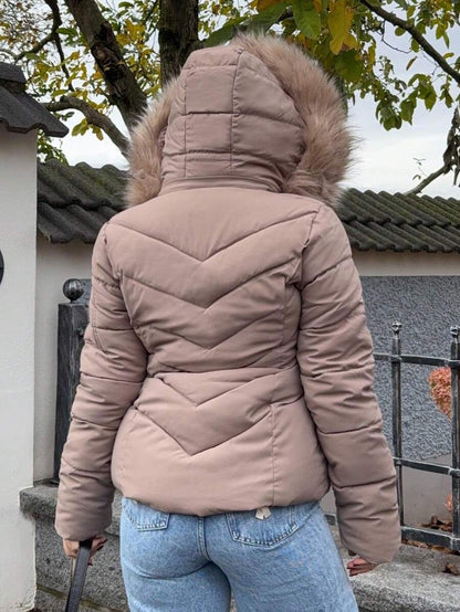Briar Fuzzy Panel Hooded Puffer Coat with Zip Front - Taupe