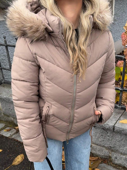 Briar Fuzzy Panel Hooded Puffer Coat with Zip Front - Taupe